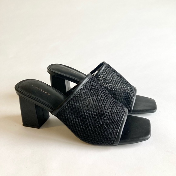 14TH & Union Black Fabric Leather Square Toe Heel Sandals size 8.5 - Picture 1 of 15